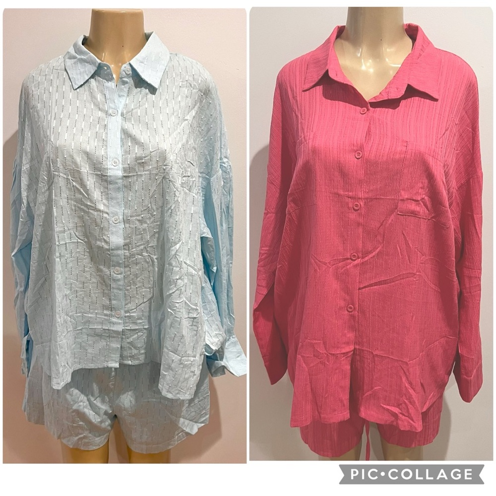 Light Blue and Pink Women's XL Button-Front Shorts Set - Caracilia & Ekouaer